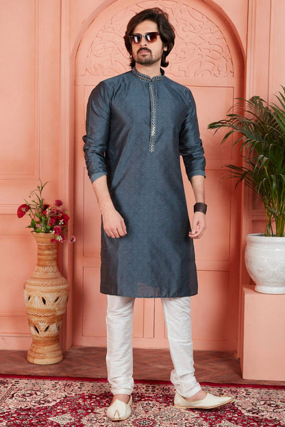 Grey Colour Jacquard Silk Brocade Kurta Pajama KP1230234 A