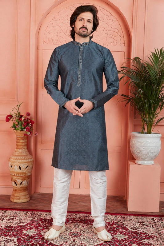 Grey Colour Jacquard Silk Brocade Kurta Pajama KP1230234