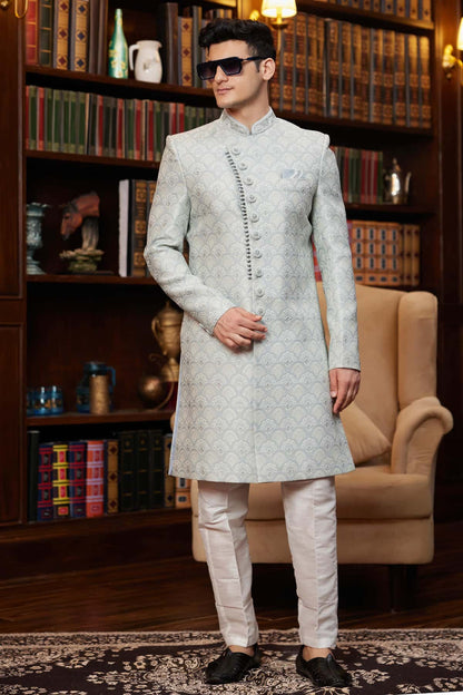 Grey Colour Jacquard Silk Embroidery Work Indo Western