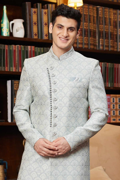 Grey Colour Jacquard Silk Embroidery Work Indo Western