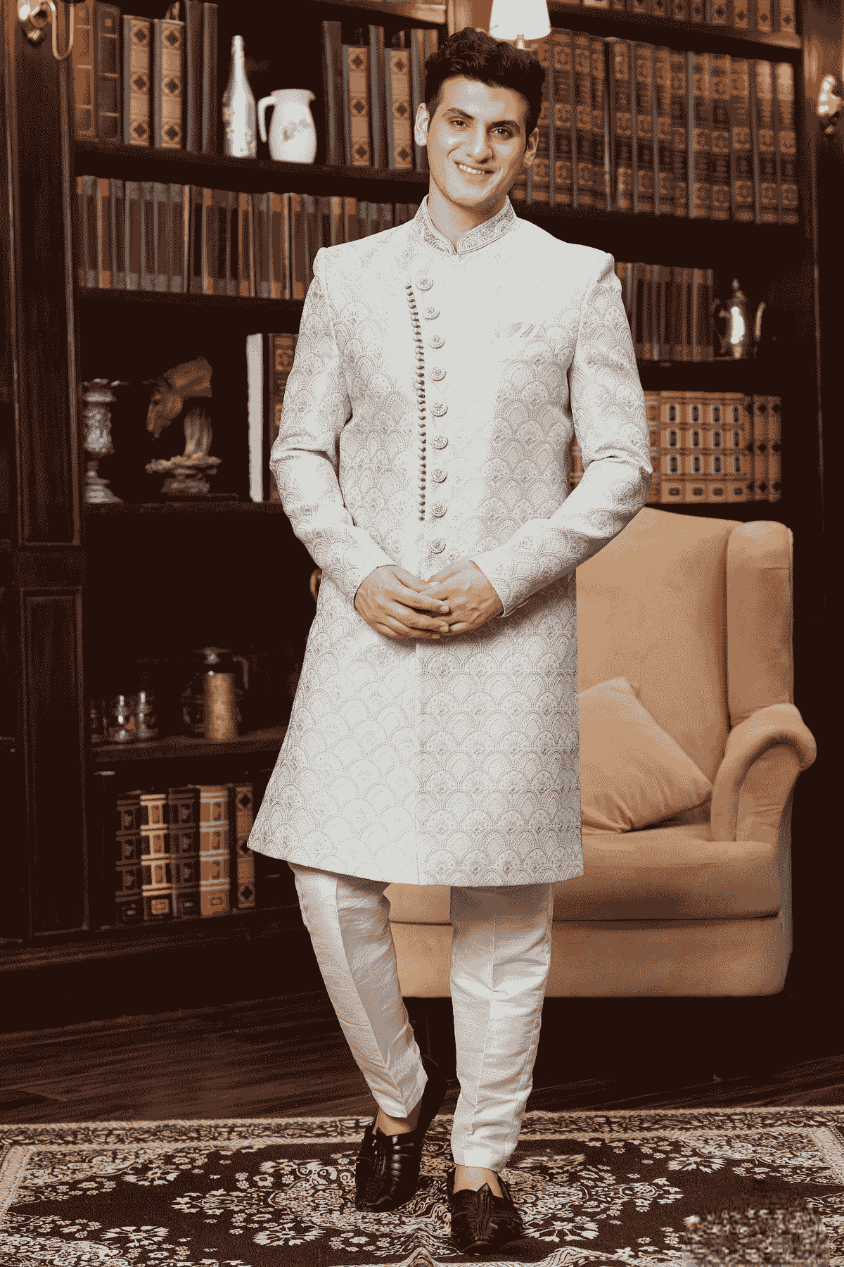 Grey Colour Jacquard Silk Embroidery Work Indo Western