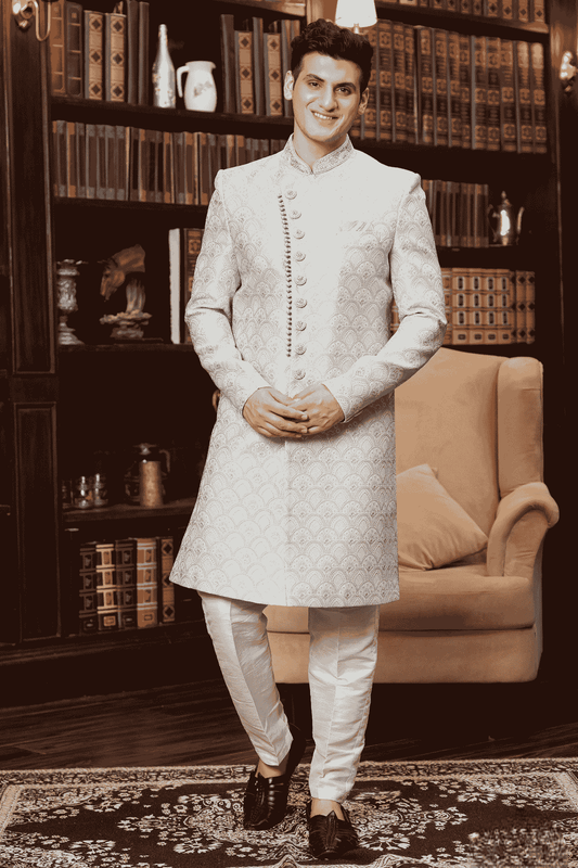 Grey Colour Jacquard Silk Embroidery Work Indo Western