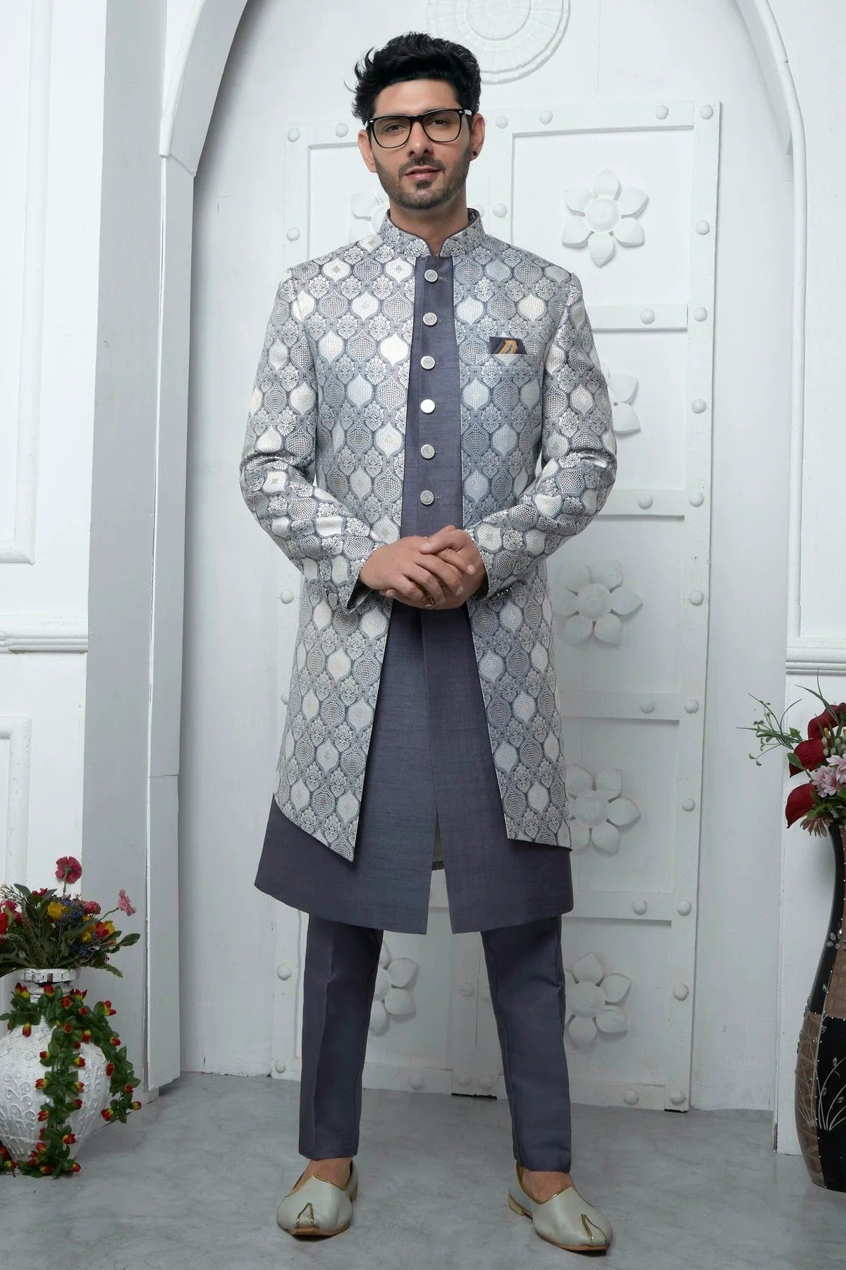 Grey Colour Jacquard Silk Indowestern Sherwani With Aligadhi Pant SH1230034 A