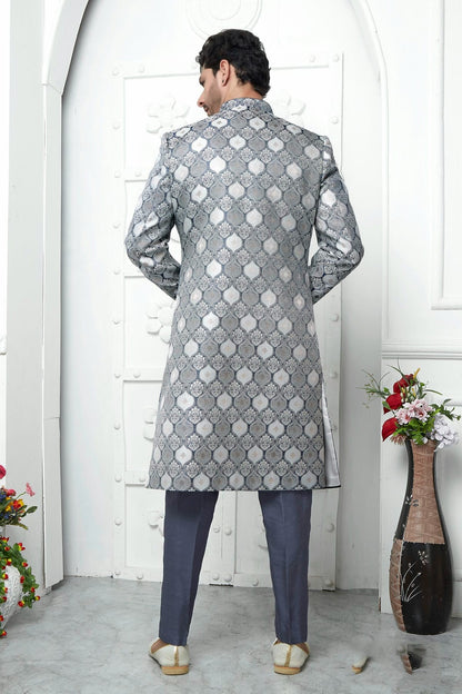 Grey Colour Jacquard Silk Indowestern Sherwani With Aligadhi Pant SH1230034 B