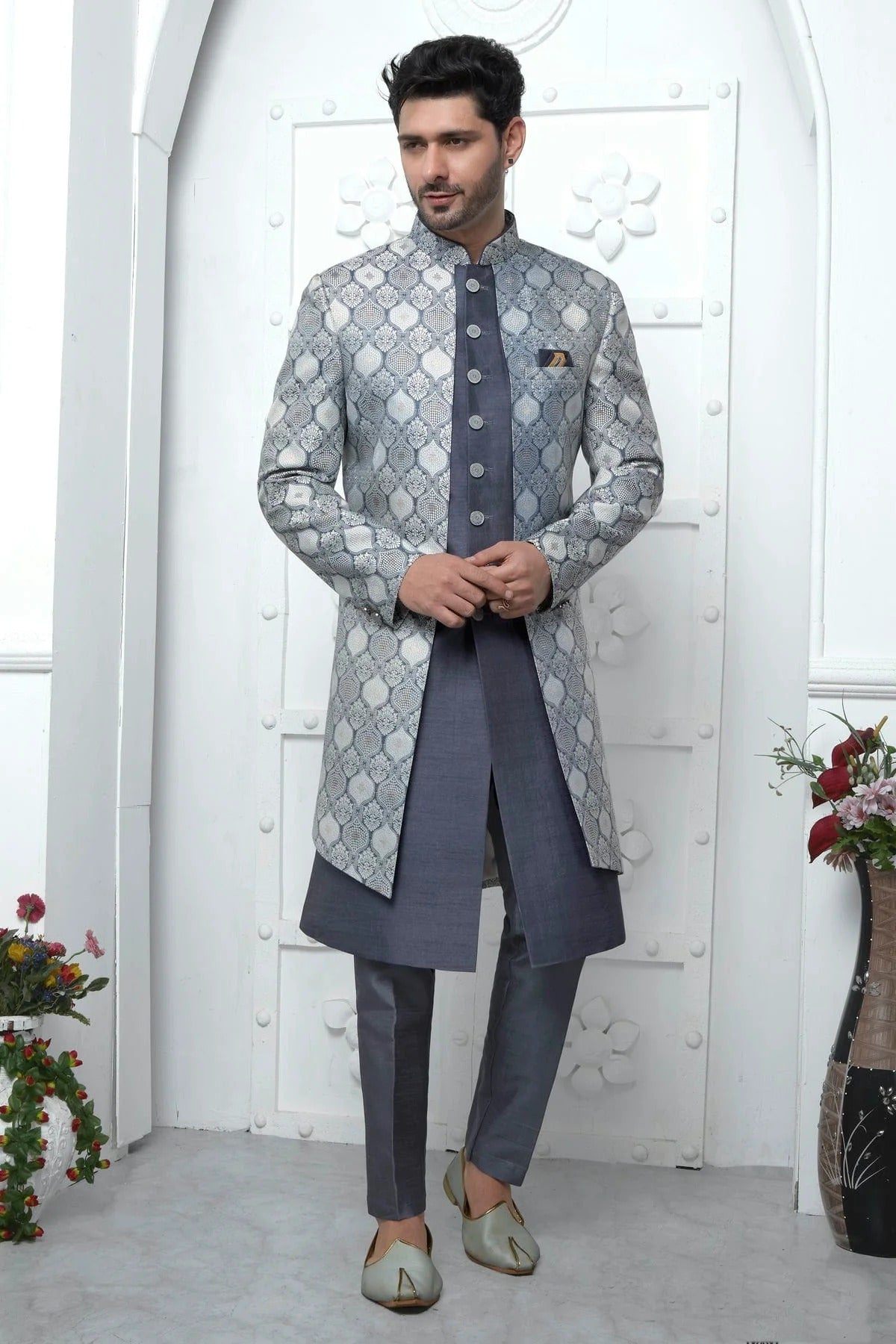 Grey Colour Jacquard Silk Indowestern Sherwani With Aligadhi Pant SH1230034