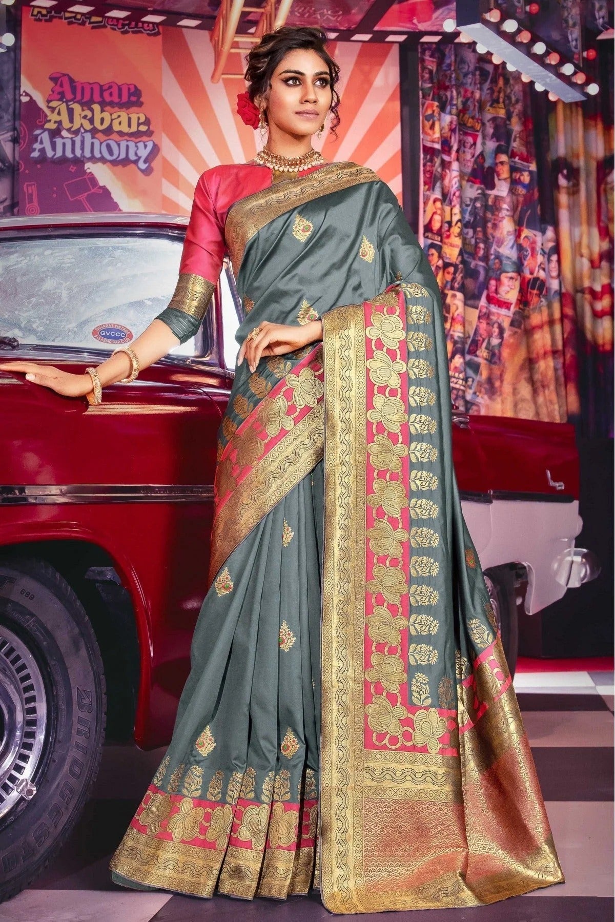 Grey Colour Jacquard Silk Traditional Saree SD1100089
