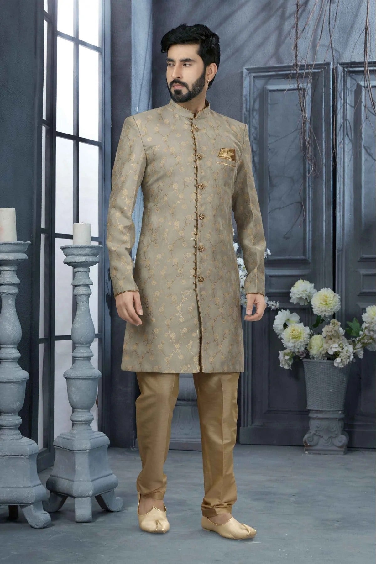 Grey Colour Jacquard Woven Sherwani SH1040315