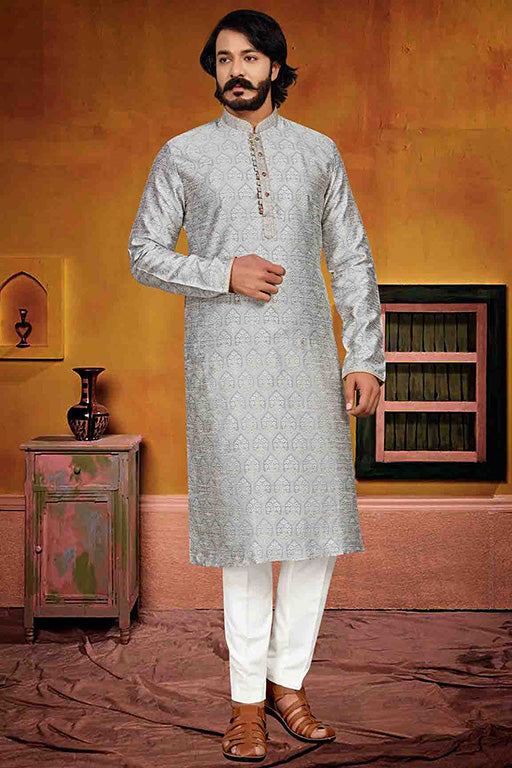 Grey Colour Kurta Pajama In Jacquard KP1210246