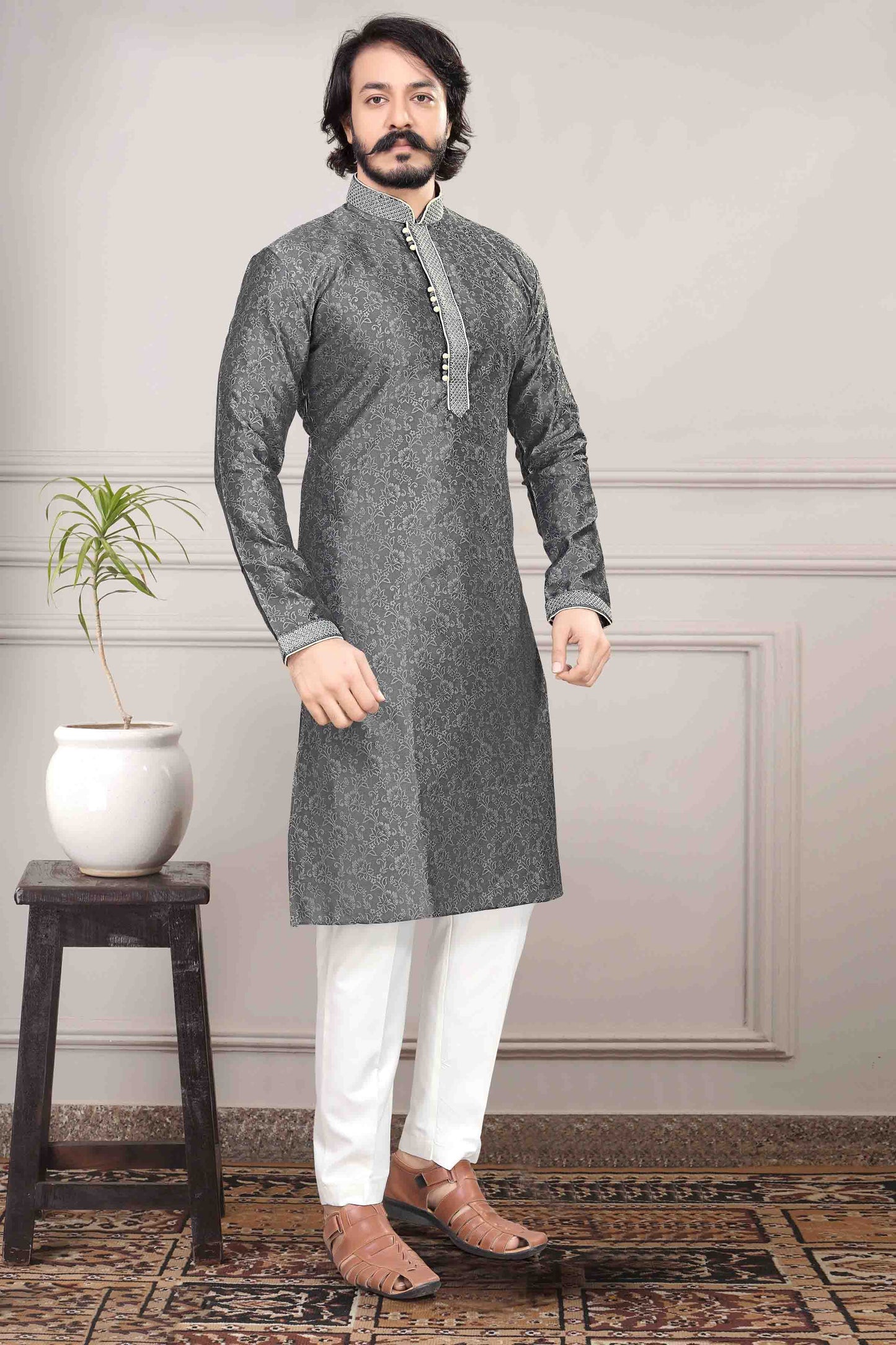 Grey Colour Kurta Pajama In Jacquard Silk KP1210019