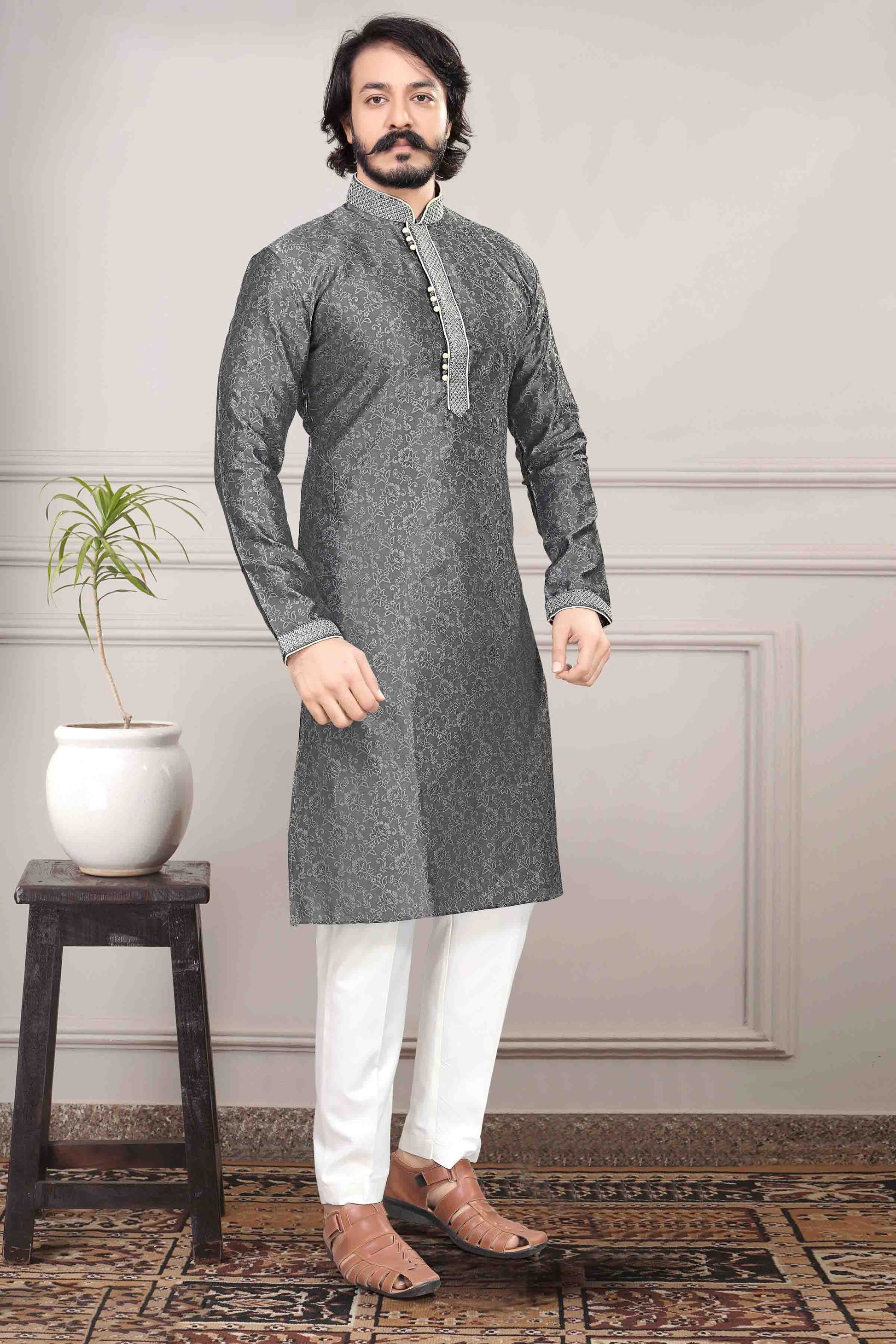 Grey Colour Kurta Pajama In Jacquard Silk KP1210019