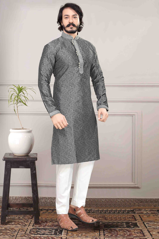 Grey Colour Kurta Pajama In Jacquard Silk KP1210019