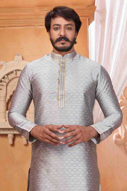 Grey Colour Kurta Pajama In Jacquard Silk KP1210049 A