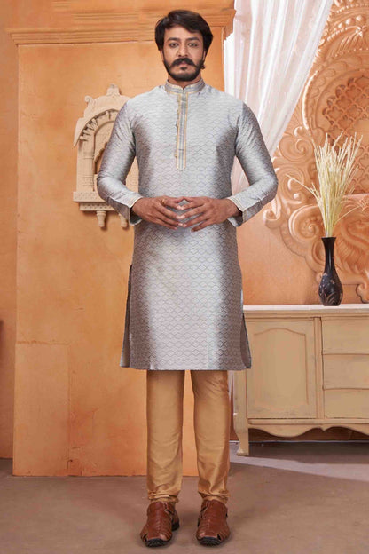 Grey Colour Kurta Pajama In Jacquard Silk KP1210049