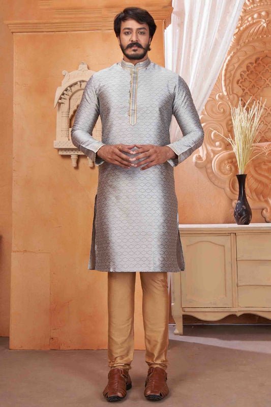 Grey Colour Kurta Pajama In Jacquard Silk KP1210049