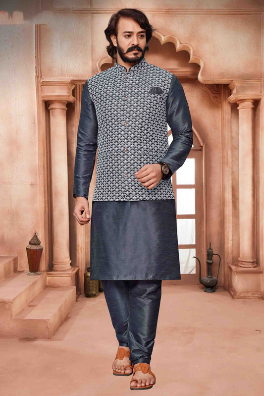 Grey Colour Kurta Pajama With Jacket In Art Silk KP1210293