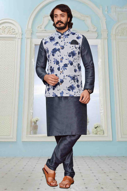 Grey Colour Kurta Pajama With Jacket In Art Silk KP1210317