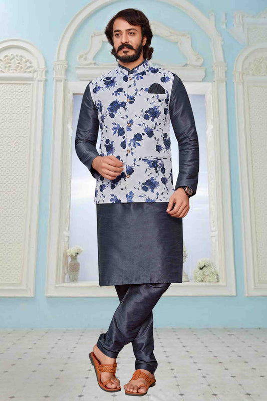 Grey Colour Kurta Pajama With Jacket In Art Silk KP1210317