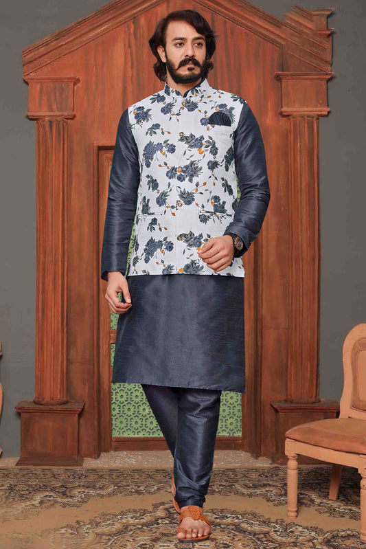 Grey Colour Kurta Pajama With Jacket In Art Silk KP1210318