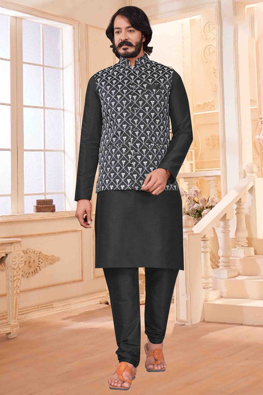 Grey Colour Kurta Pajama With Jacket In Art Silk KP1210363