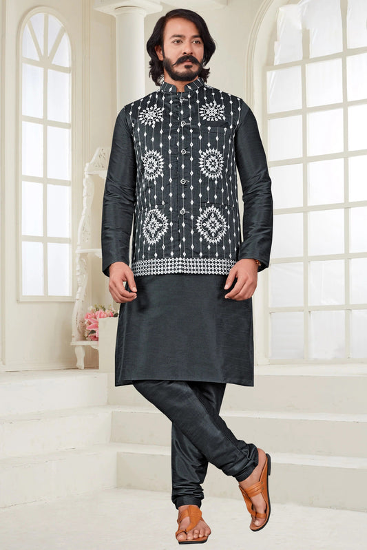 Grey Colour Kurta Pajama With Jacket In Art Silk KP1210383