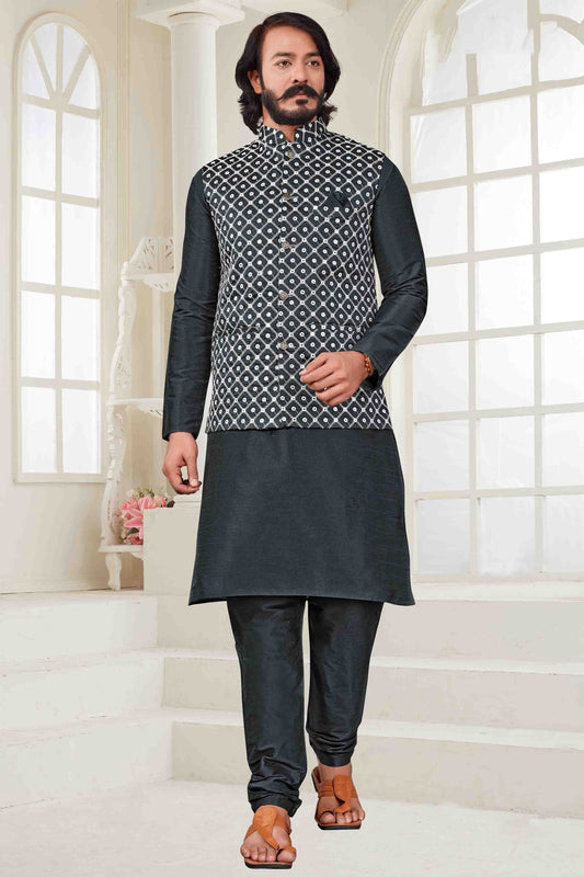 Grey Colour Kurta Pajama With Jacket In Art Silk KP1210403