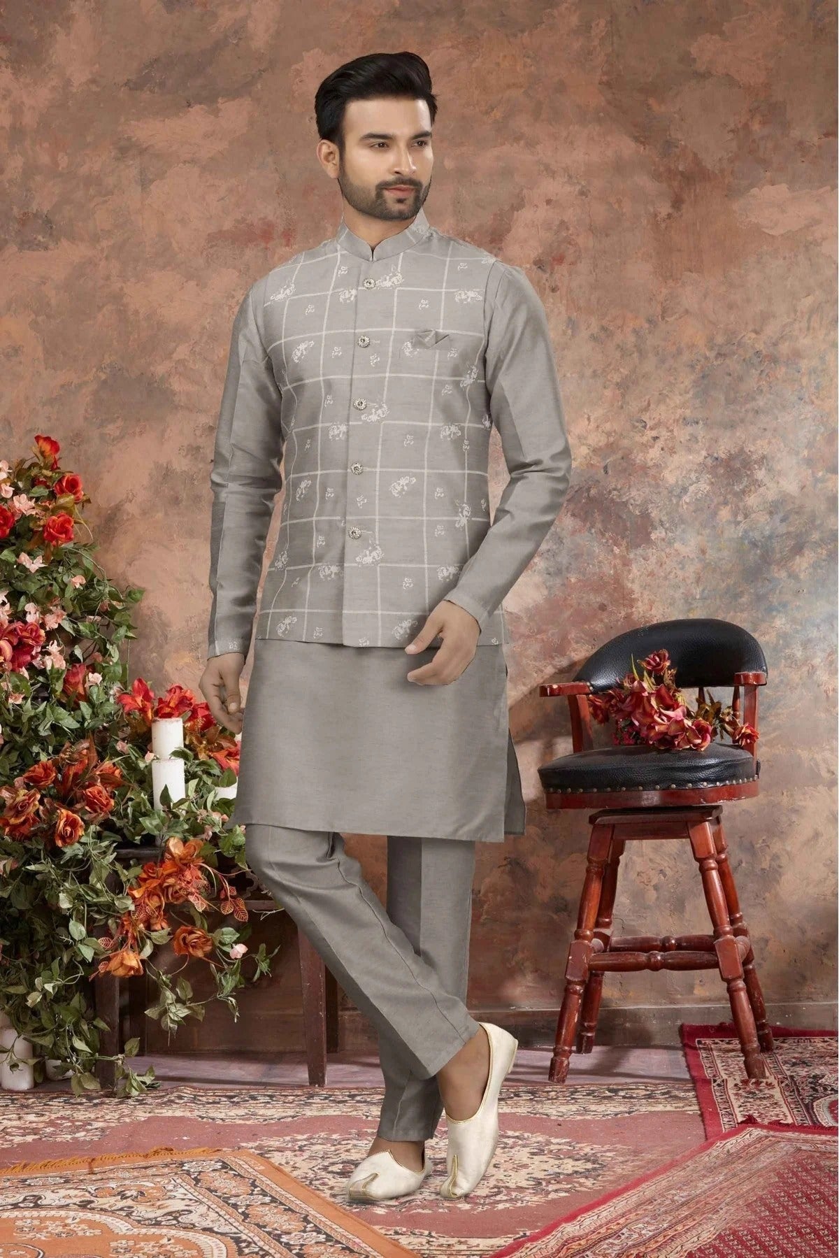 Grey Colour Kurta Pajama With Jacket In Silk Dupion Fabric KP1040190