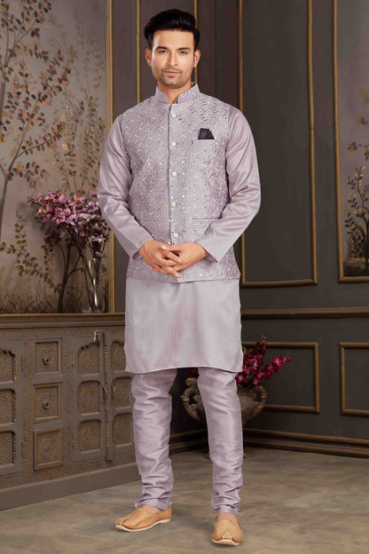 Grey Colour Kurta Pajama With Jacket In Silk Mastani KP1210442 A