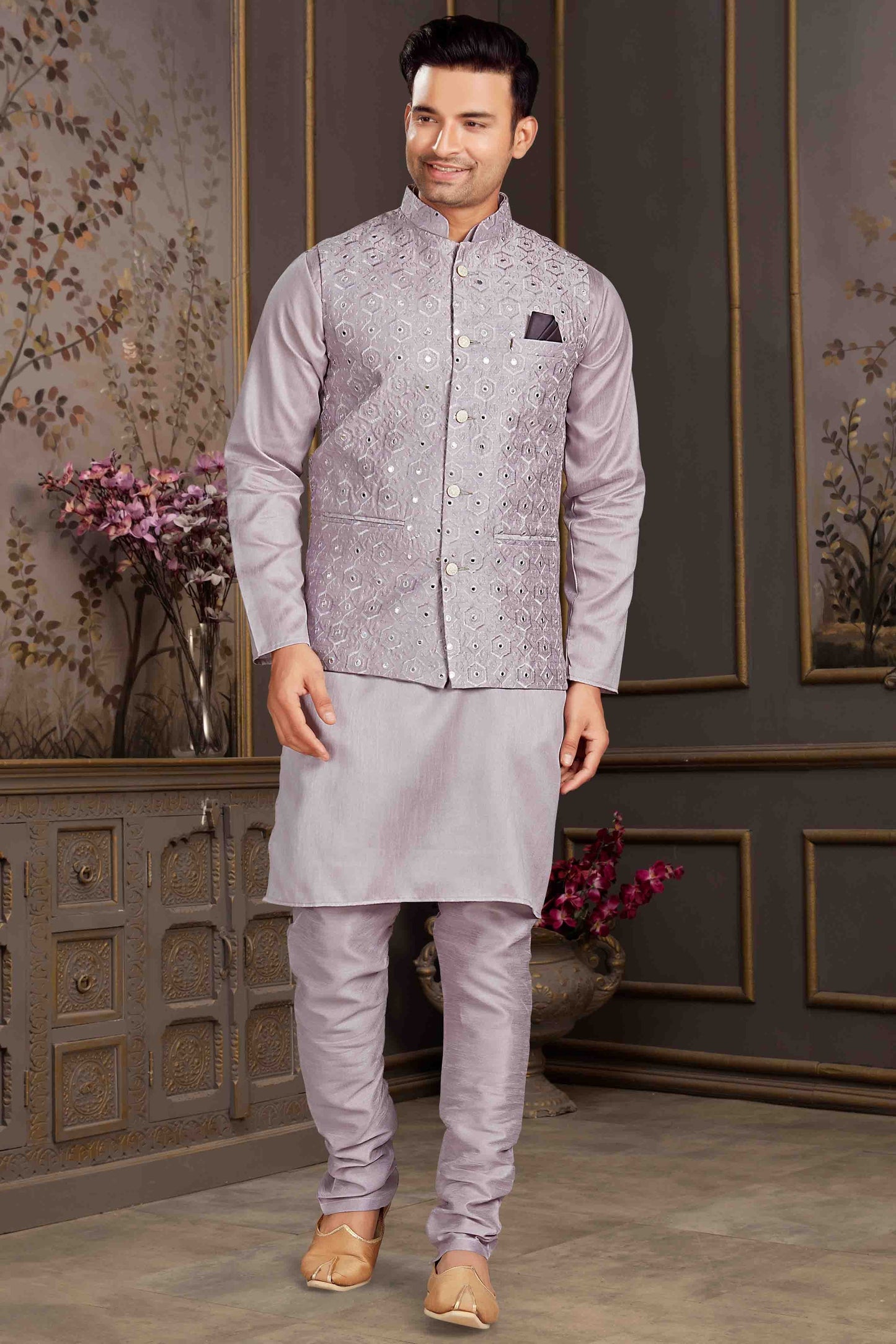 Grey Colour Kurta Pajama With Jacket In Silk Mastani KP1210442