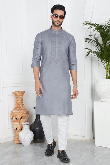 Grey Colour Linen Cotton Pintex Work Kurta Pajama KP1230122 A