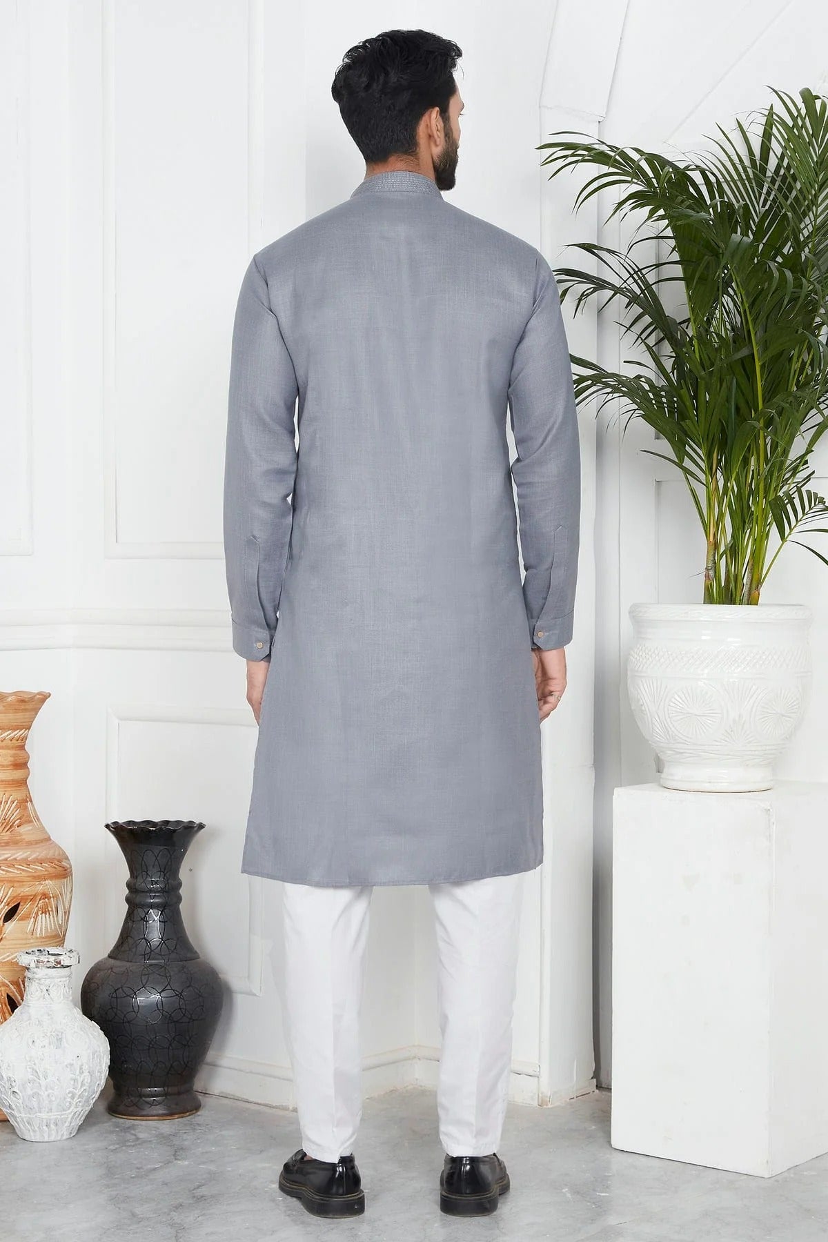 Grey Colour Linen Cotton Pintex Work Kurta Pajama KP1230122 B