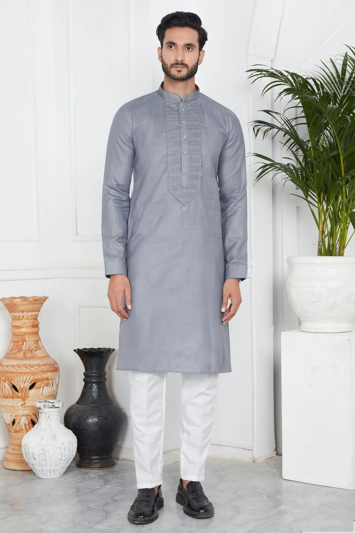 Grey Colour Linen Cotton Pintex Work Kurta Pajama KP1230122