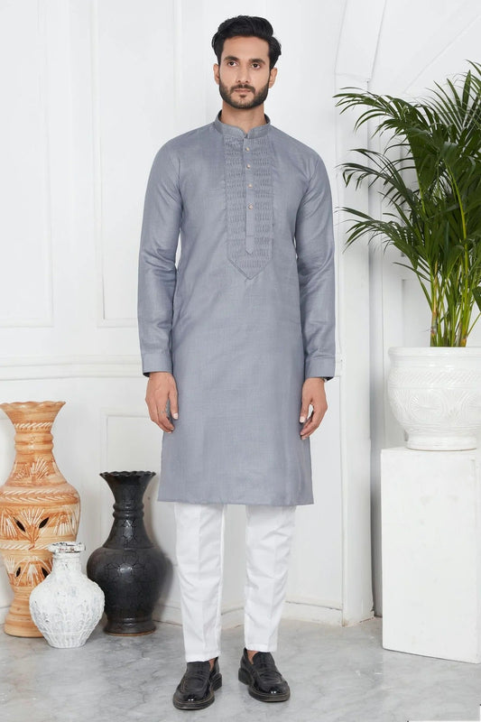 Grey Colour Linen Cotton Pintex Work Kurta Pajama KP1230122