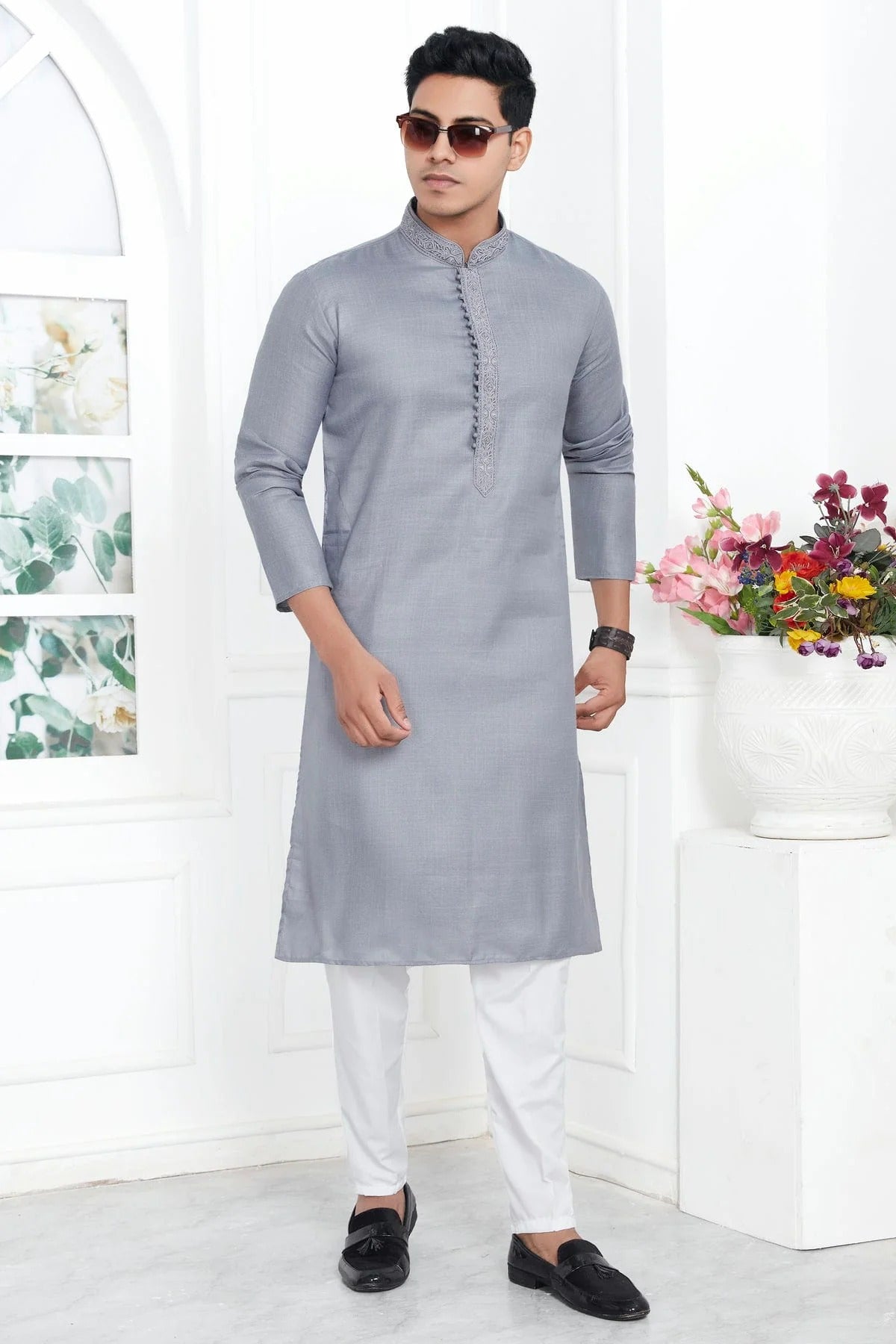 Grey Colour Linen Cotton Thread Work Kurta Pajama KP1230142 A
