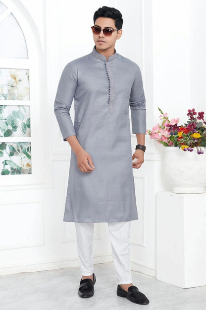 Grey Colour Linen Cotton Thread Work Kurta Pajama KP1230142 A