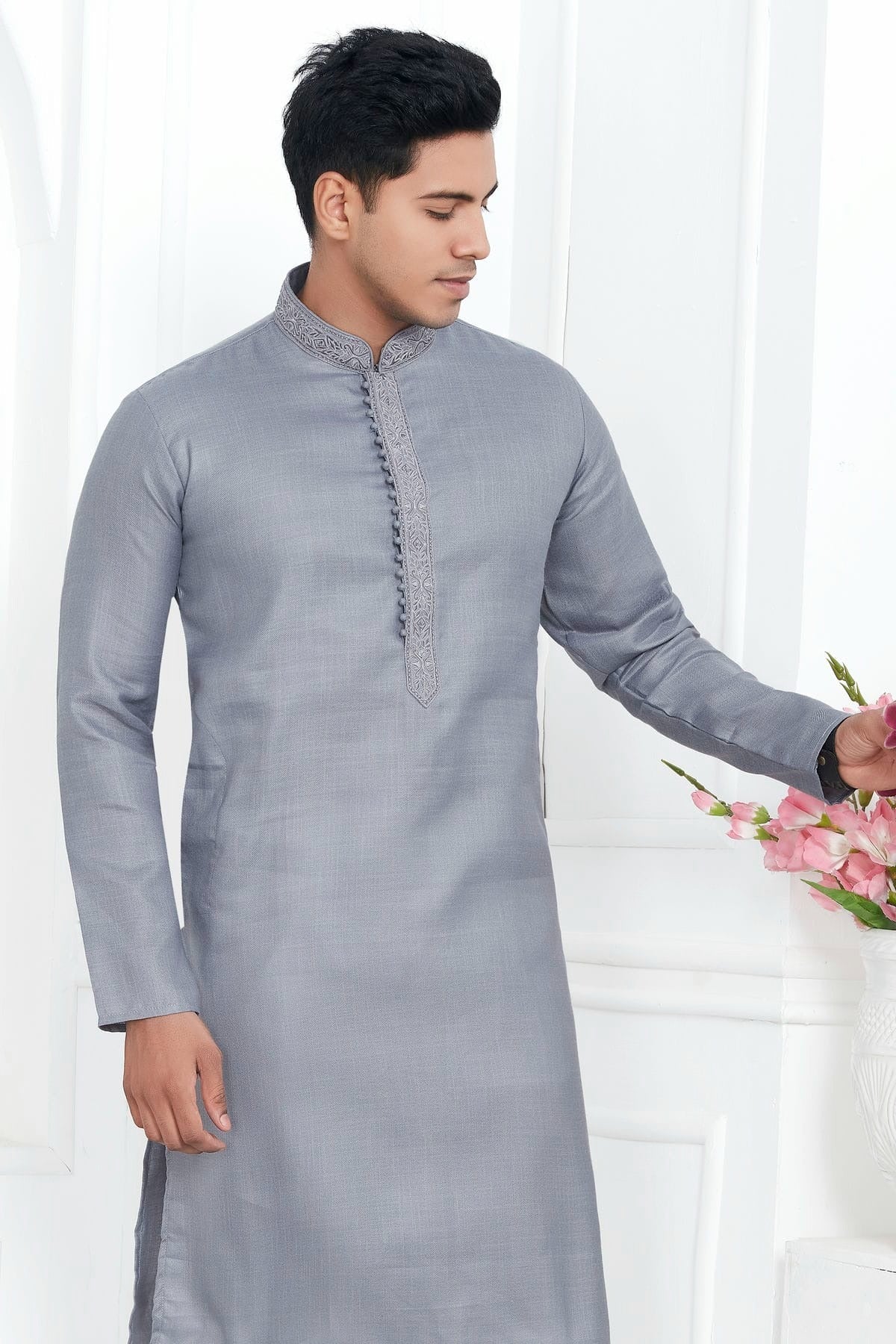 Grey Colour Linen Cotton Thread Work Kurta Pajama KP1230142 B