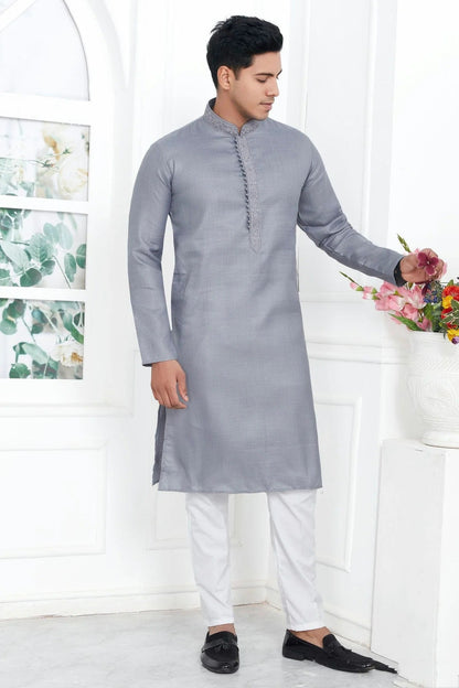 Grey Colour Linen Cotton Thread Work Kurta Pajama KP1230142