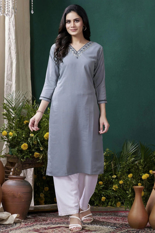 Grey Colour Maaza Cotton Kurta And Pant Set KR1111342