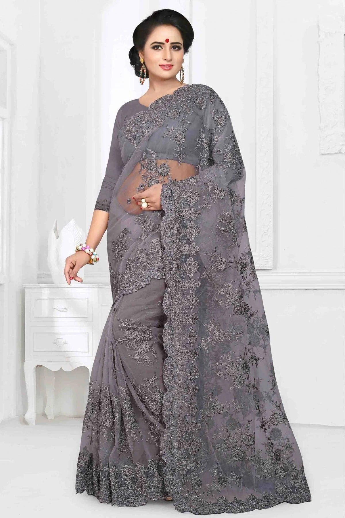 Grey Colour Net Designer Saree SD1090023