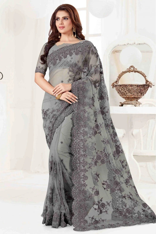 Grey Colour Net Designer Saree SD1090052