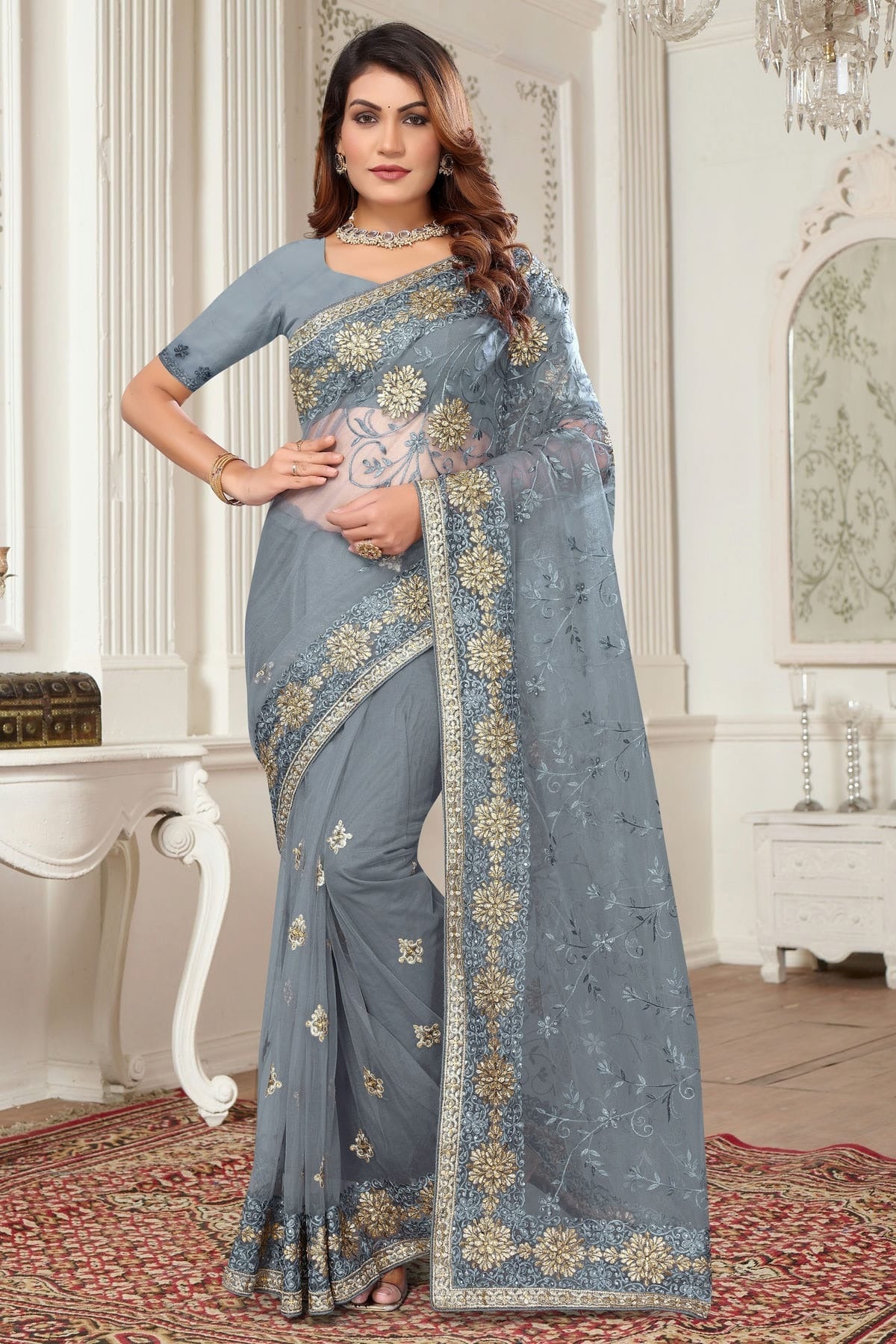 Grey Colour Net Designer Saree SD1091077