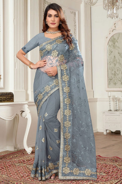 Grey Colour Net Designer Saree SD1091077