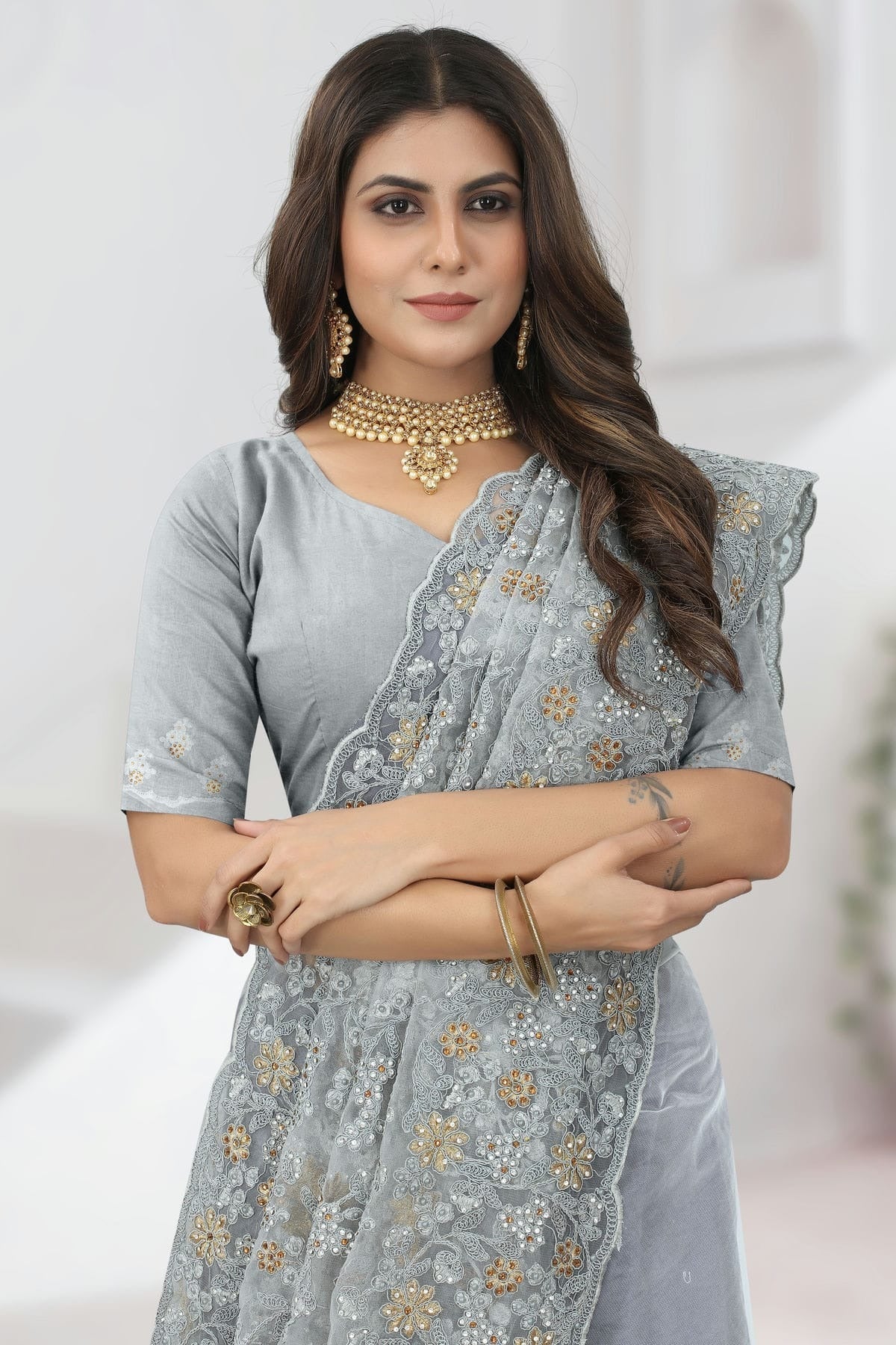 Grey Colour Net Designer Saree SD1091121 A