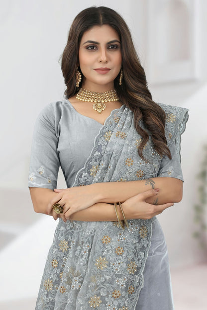 Grey Colour Net Designer Saree SD1091121 A