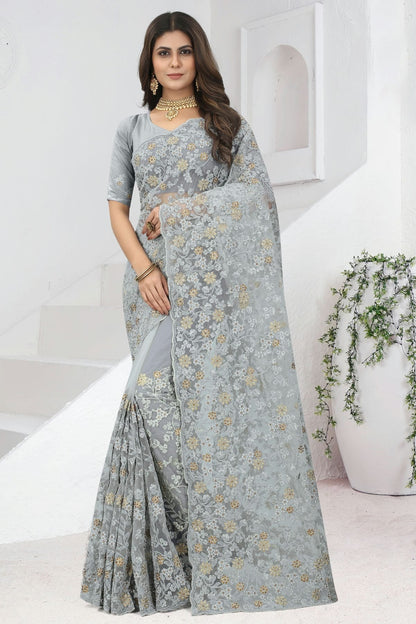 Grey Colour Net Designer Saree SD1091121
