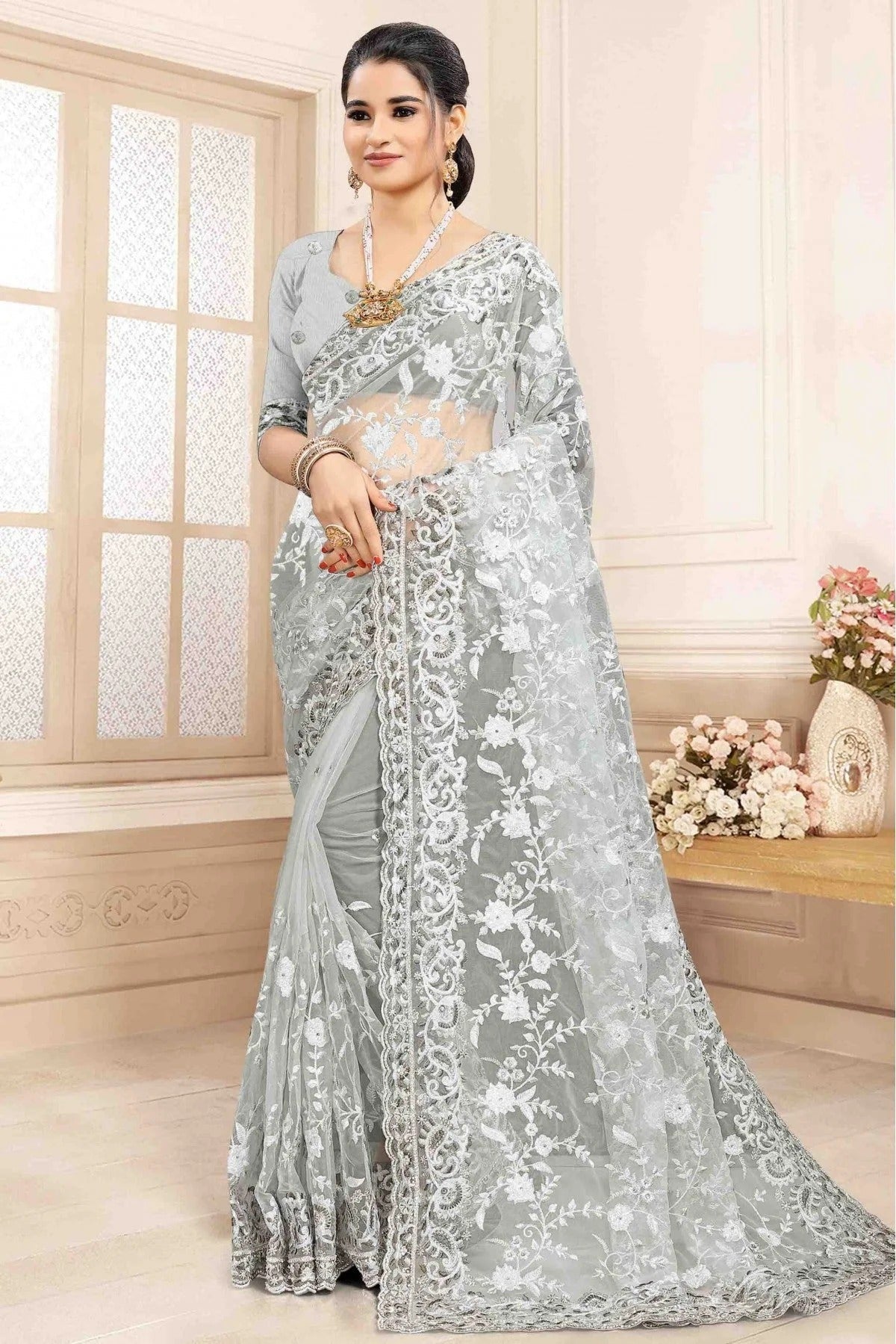 Grey Colour Net Designer Saree SD1120148