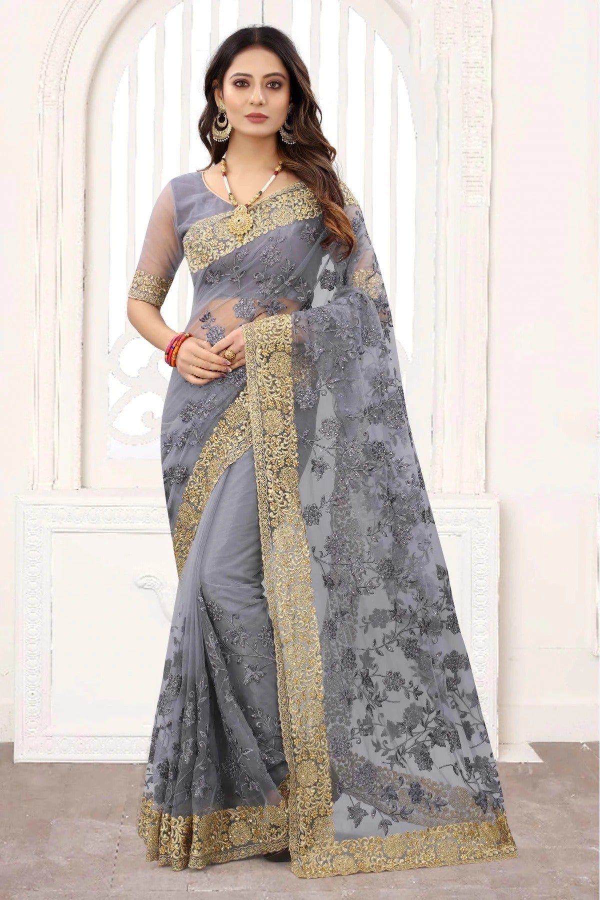 Grey Colour Net Designer Saree SD1120841