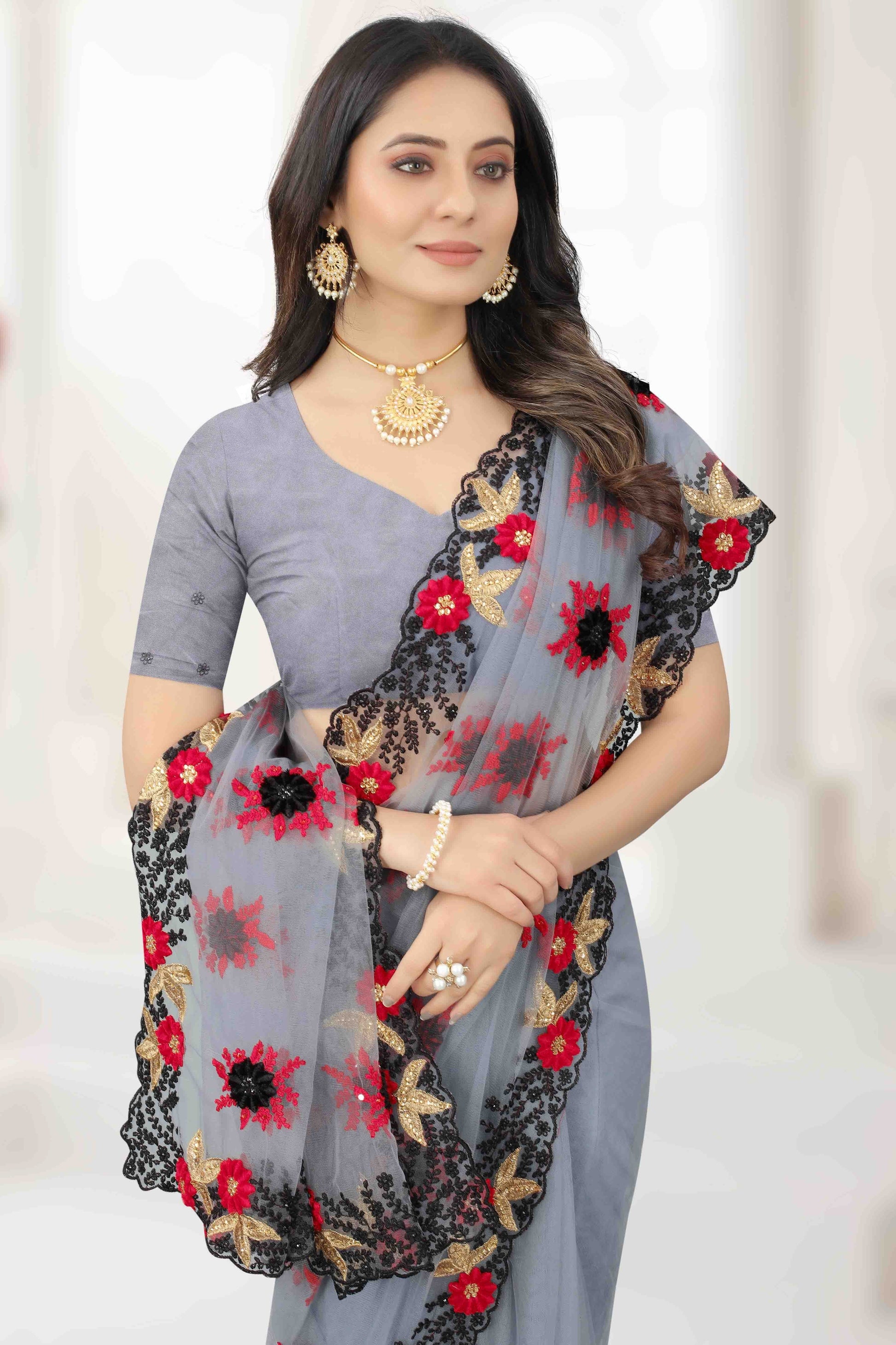 Grey Colour Net Designer Saree SD1121214 A