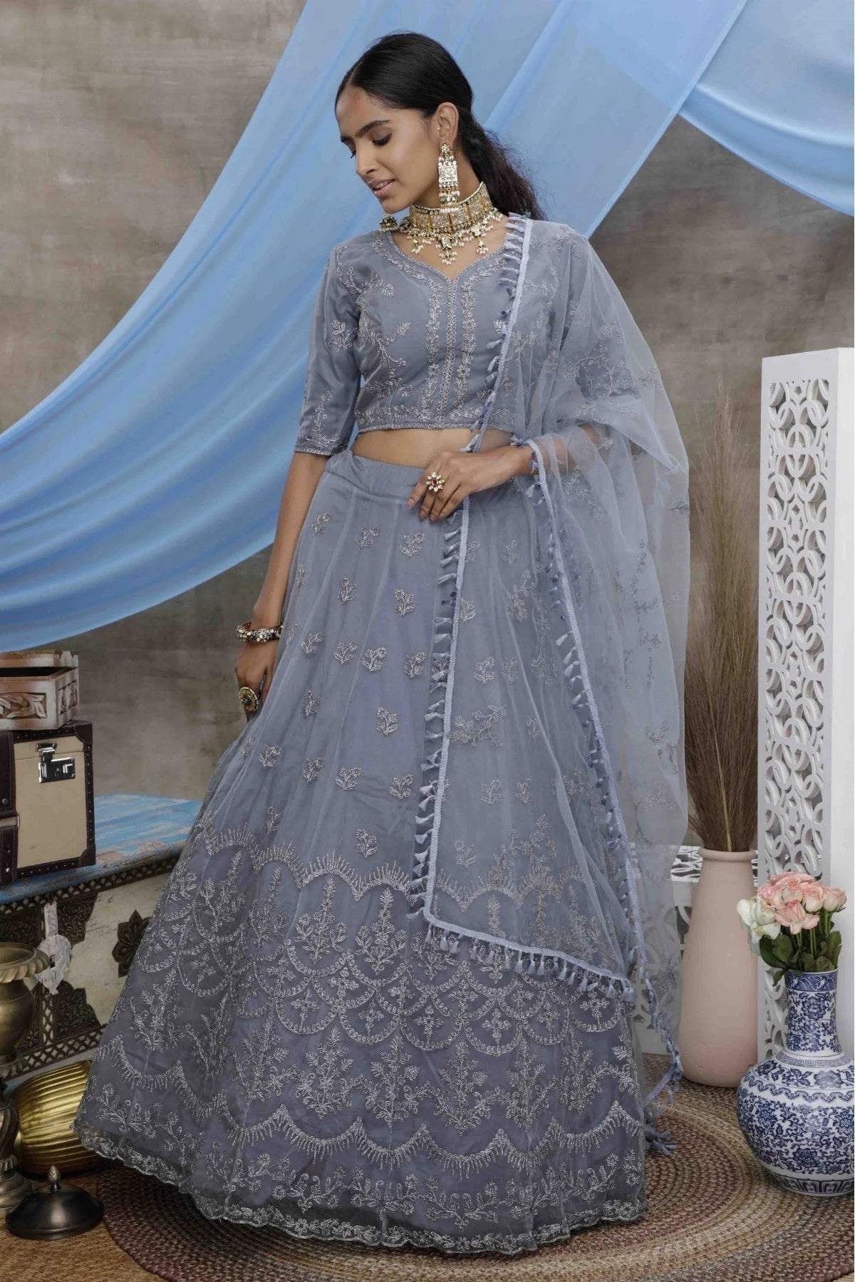 Grey Colour Net Embroidery Lehenga Choli LC1150032