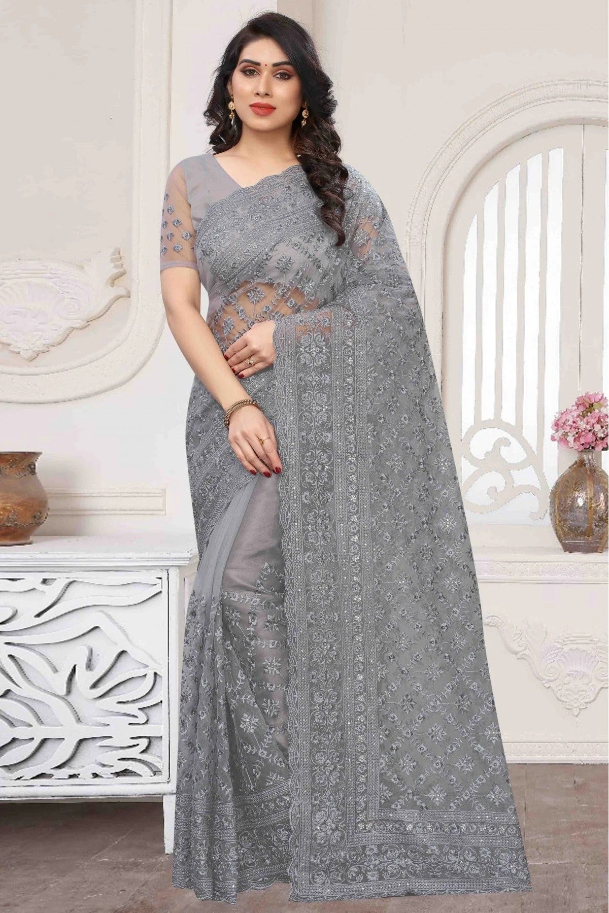 Grey Colour Net Embroidery Saree SD1090356
