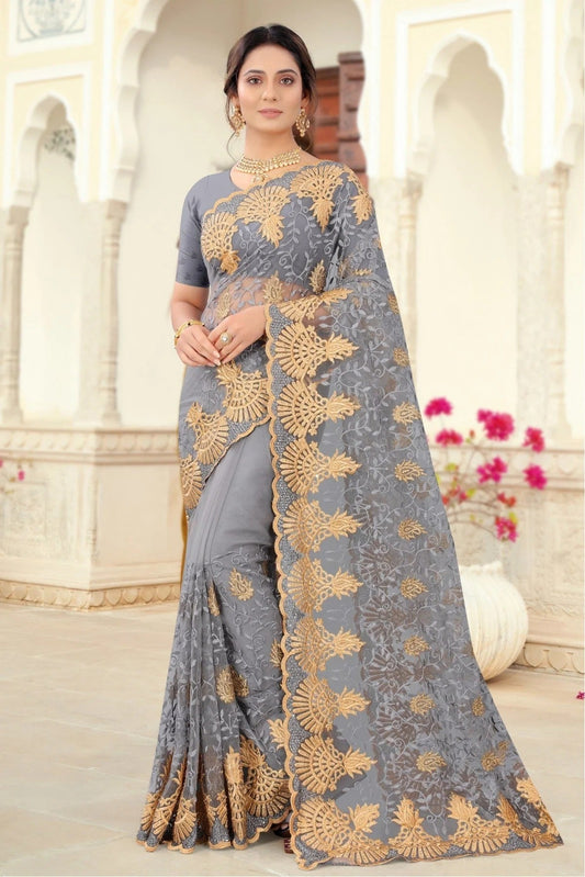Grey Colour Net Embroidery Saree SD1090441